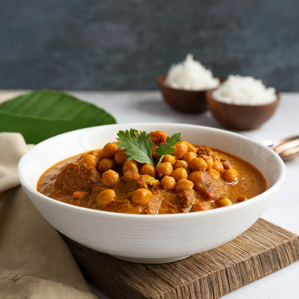 Indian chickpea and meat curry in a white bowl with rice and a green leaf in the background.